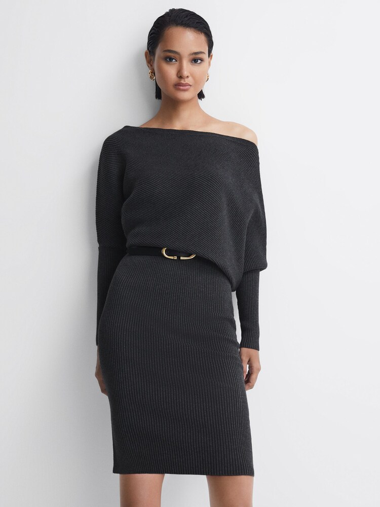 Reiss Charcoal Lara Off-The-Shoulder Ribbed Midi Dress - Image 1 of 4