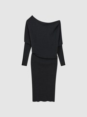 Reiss Charcoal Lara Off-The-Shoulder Ribbed Midi Dress - Image 2 of 4