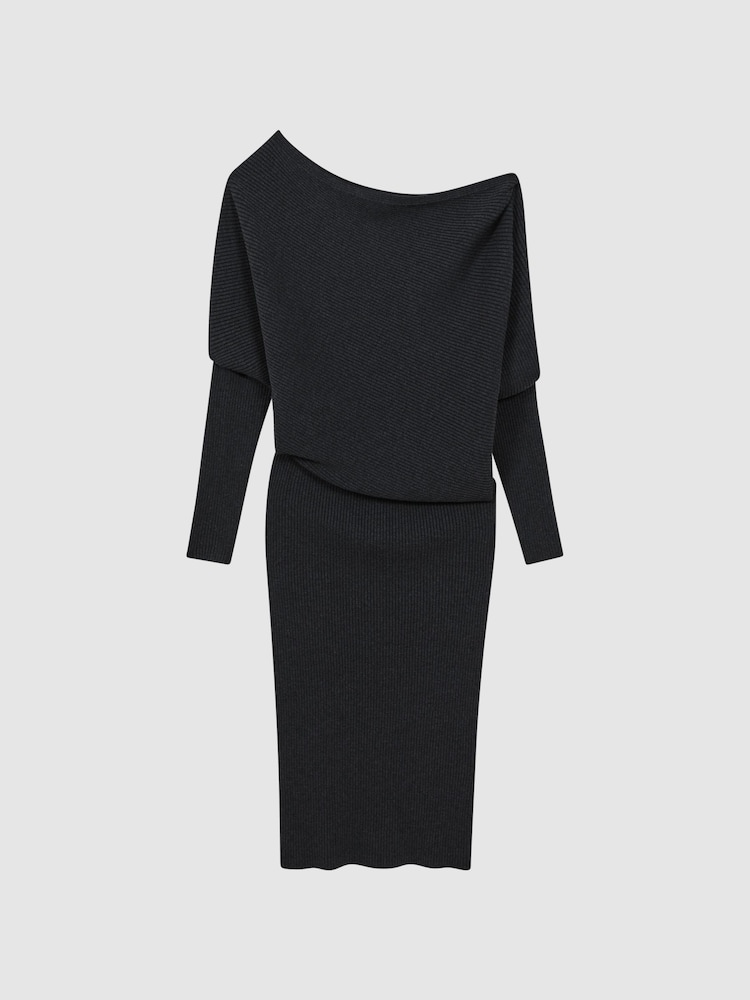 Reiss Charcoal Lara Off-The-Shoulder Ribbed Midi Dress - Image 2 of 4