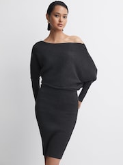 Reiss Charcoal Lara Off-The-Shoulder Ribbed Midi Dress - Image 3 of 4