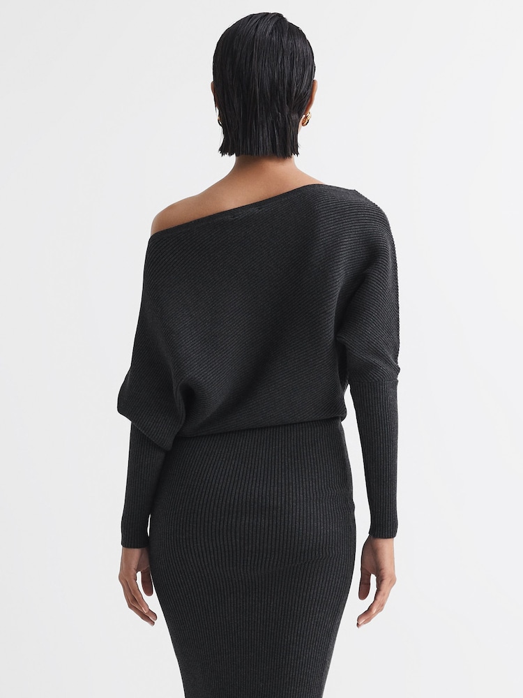 Reiss Charcoal Lara Off-The-Shoulder Ribbed Midi Dress - Image 4 of 4