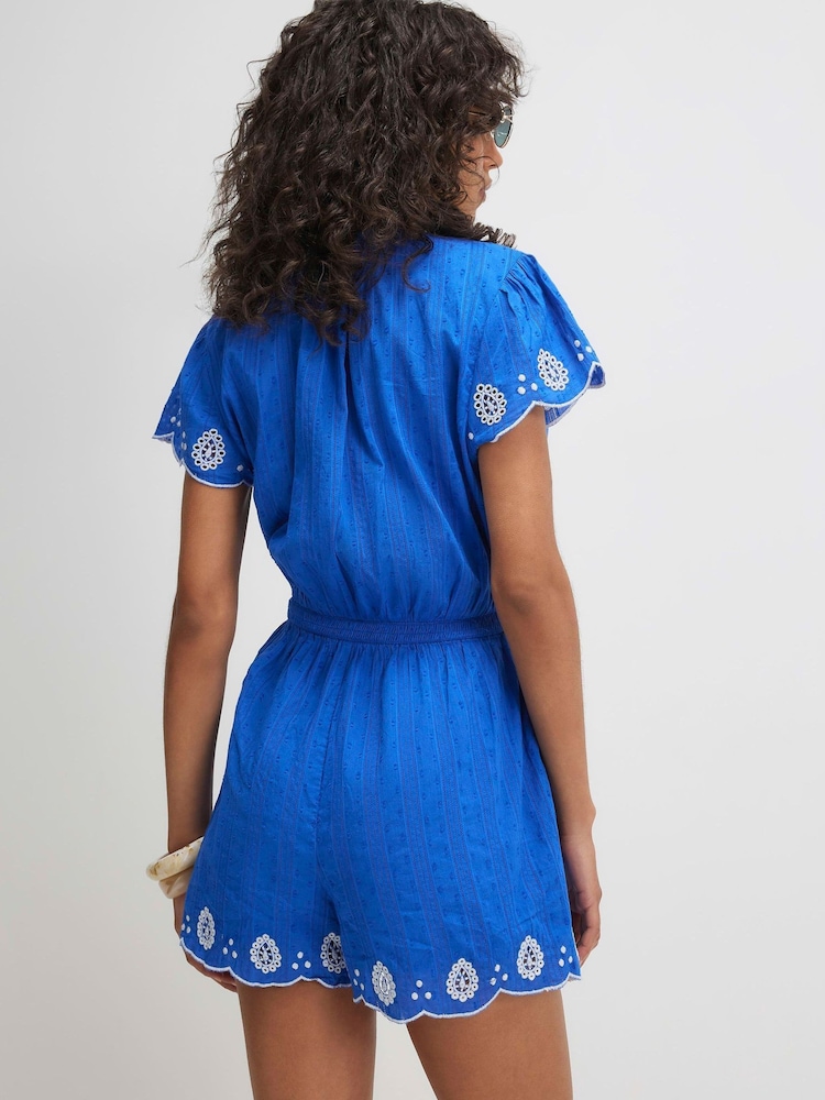 River Island Blue Short Sleeve Cutwork Playsuit - Image 2 of 3 River Island Blue Short Sleeve Cutwork Playsuit - Image 2 of 3