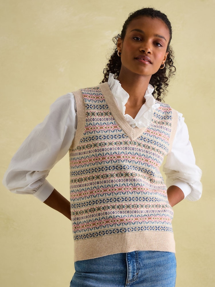 Joules Islay Oatmeal V Neck Fairisle Pattern Knitted Vest - Image 1 of 5