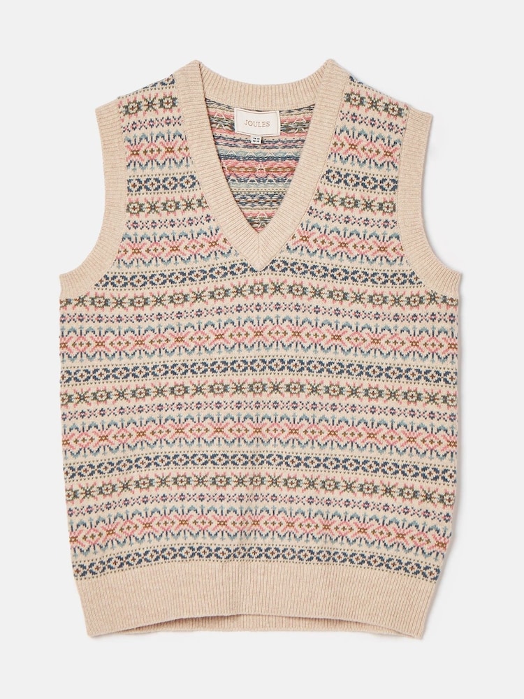 Joules Islay Oatmeal V Neck Fairisle Pattern Knitted Vest - Image 5 of 5
