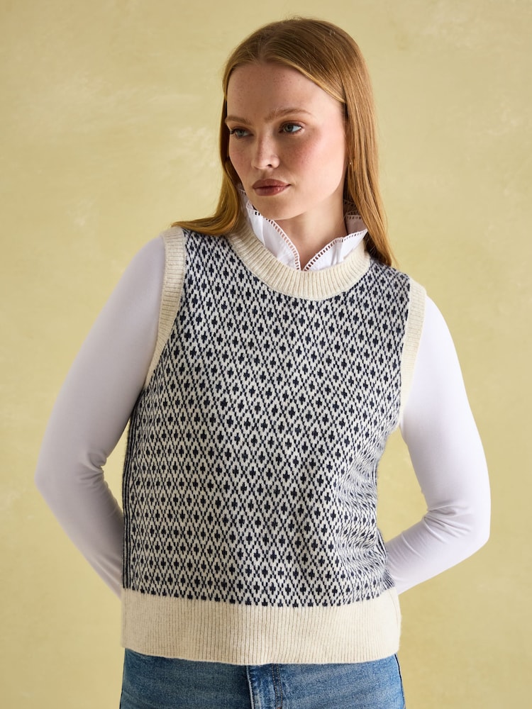 Joules Ingrid Cream/Navy Patterned Knitted Vest - Image 1 of 6