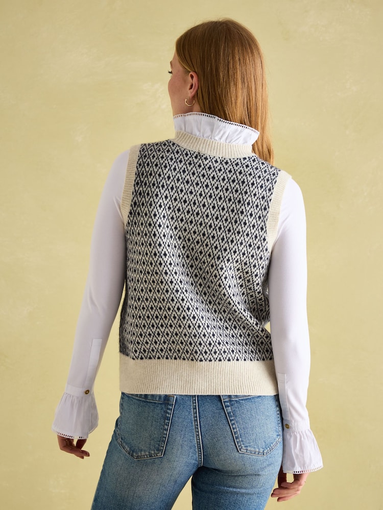 Joules Ingrid Cream/Navy Patterned Knitted Vest - Image 2 of 6