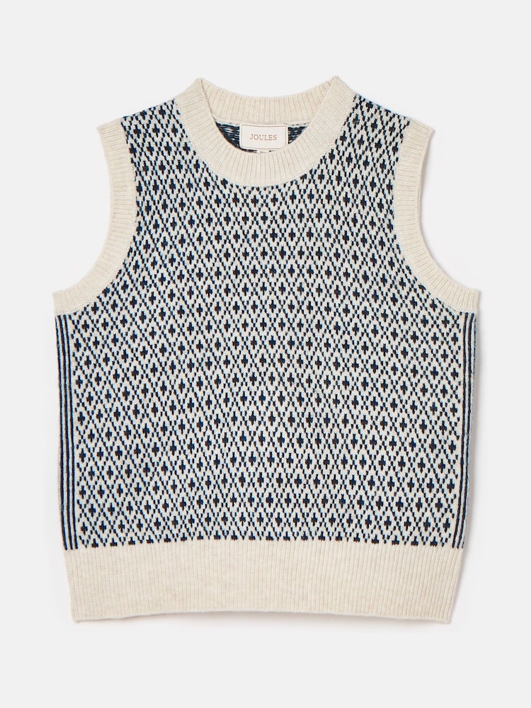 Joules Ingrid Cream/Navy Patterned Knitted Vest - Image 6 of 6