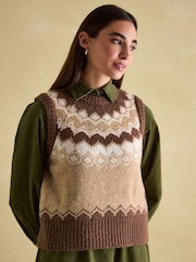 Joules Lowry Brown Knitted Fairisle Pattern Vest - Image 1 of 6