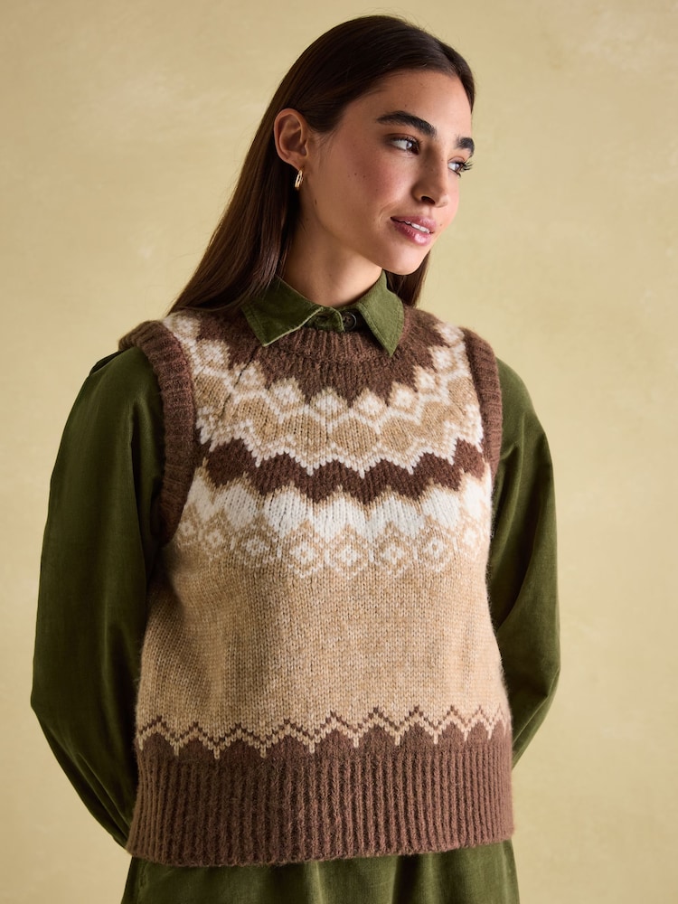 Joules Lowry Brown Knitted Fairisle Pattern Vest - Image 1 of 6