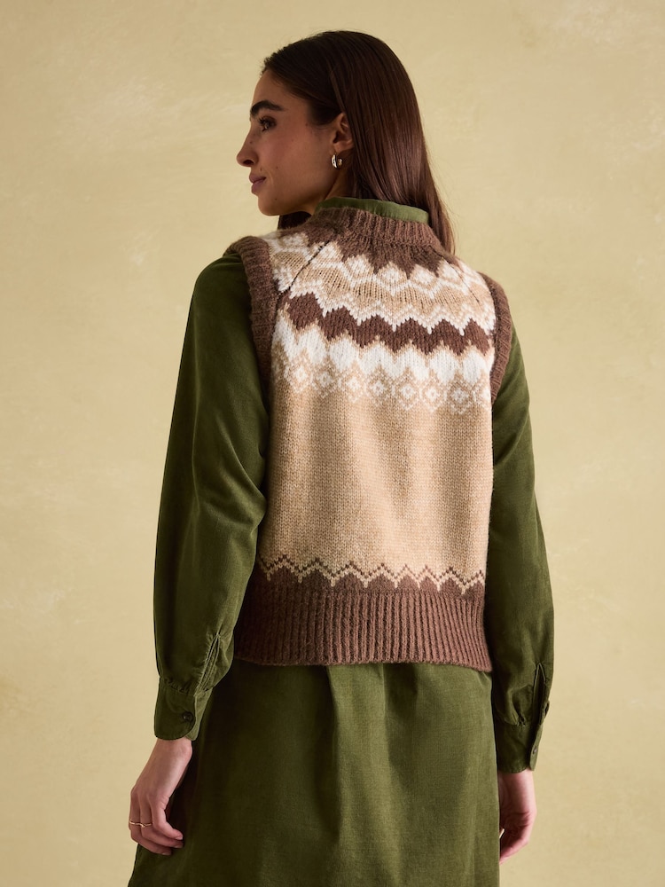 Joules Lowry Brown Knitted Fairisle Pattern Vest - Image 2 of 6