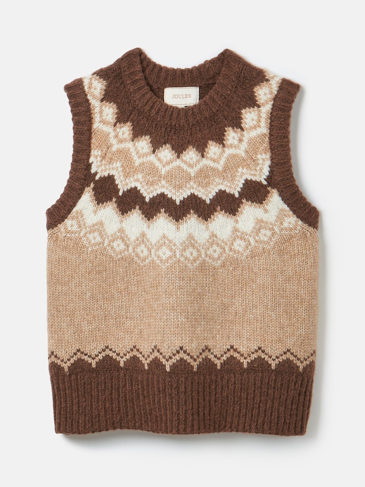 Joules Lowry Brown Knitted Fairisle Pattern Vest - Image 6 of 6