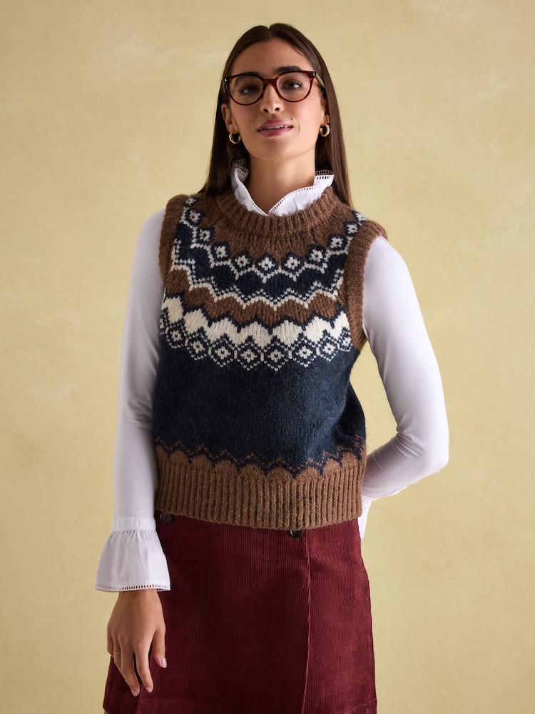 Joules Lowry Cream/Navy Knitted Fairisle Pattern Vest - Image 1 of 7