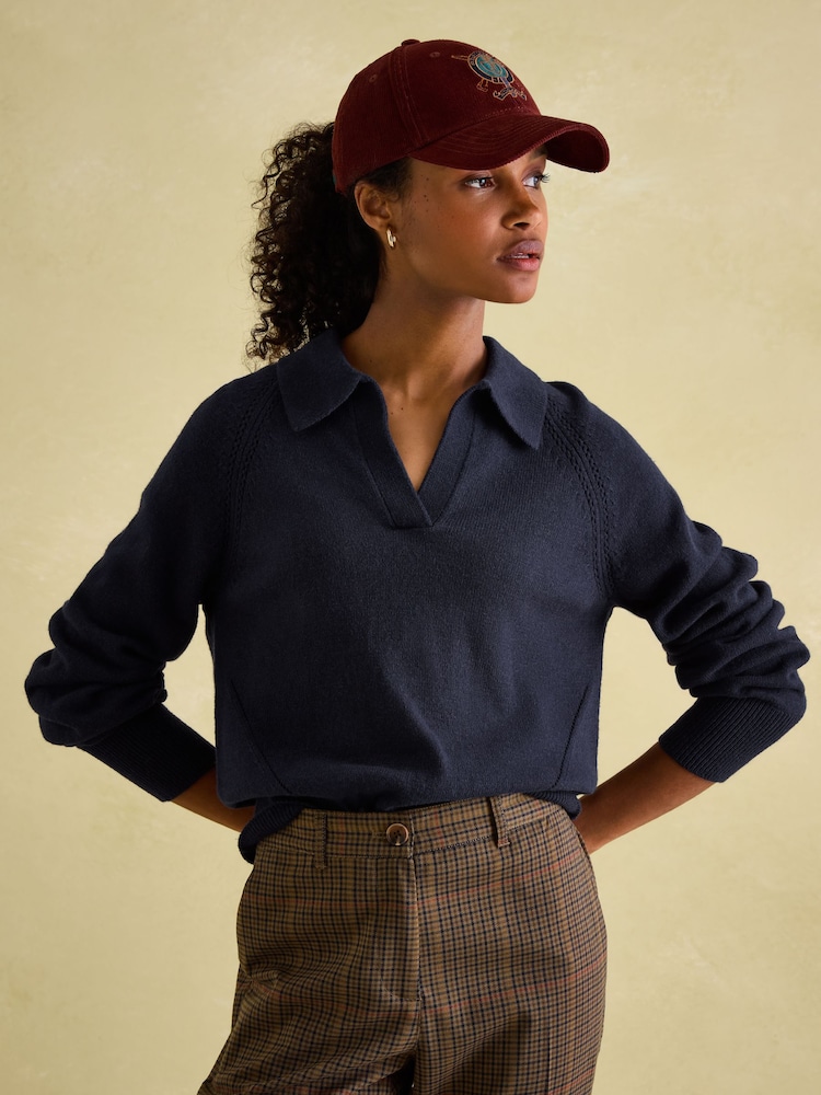 Joules Mia Navy Blue Pointelle Jumper with Open Collar - Image 1 of 6 Joules Mia Navy Blue Pointelle Jumper with Open Collar - Image 1 of 6