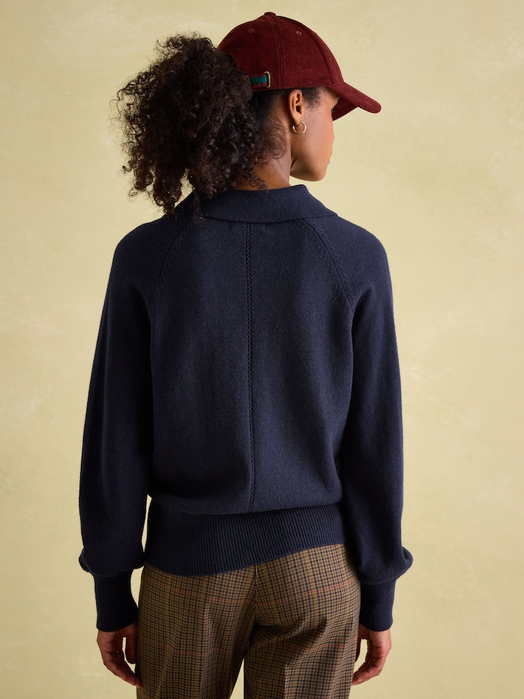 Joules Mia Navy Blue Pointelle Jumper with Open Collar - Image 2 of 6 Joules Mia Navy Blue Pointelle Jumper with Open Collar - Image 2 of 6