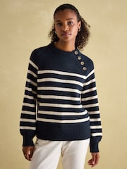 Joules Agnes Navy Striped Button Neck Jumper - Image 1 of 8