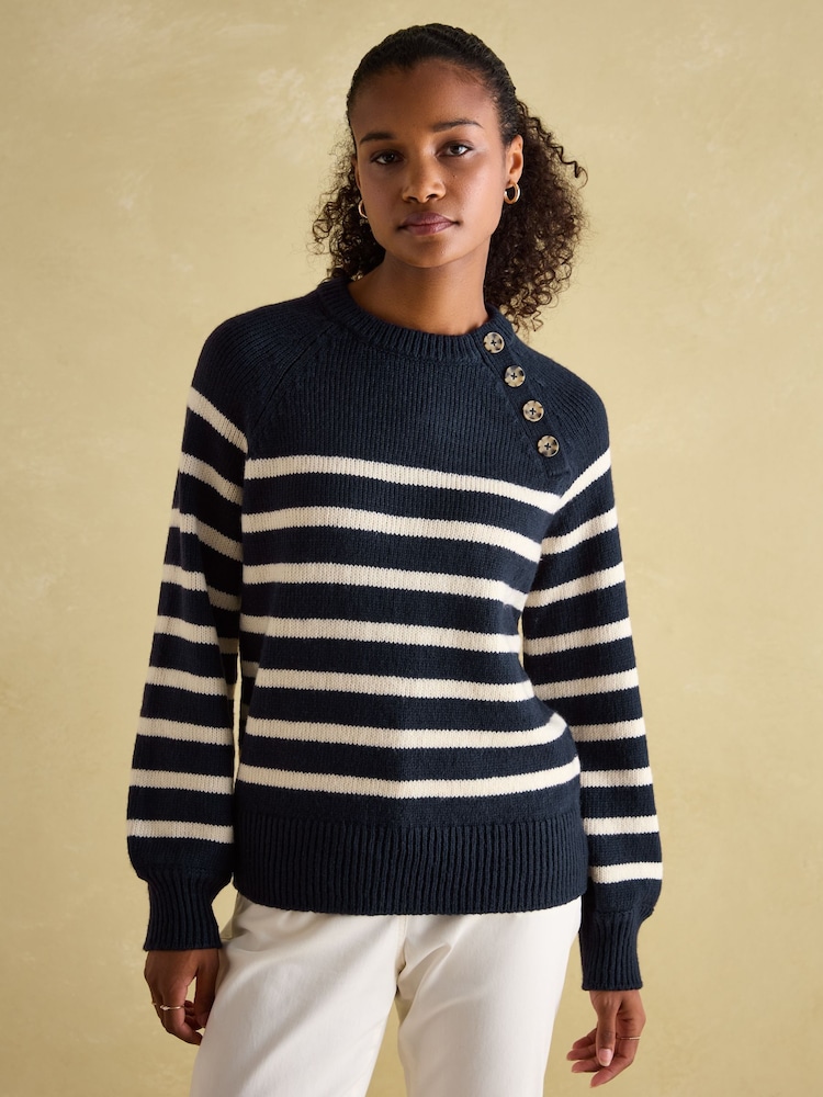 Joules Agnes Navy Striped Button Neck Jumper - Image 1 of 8