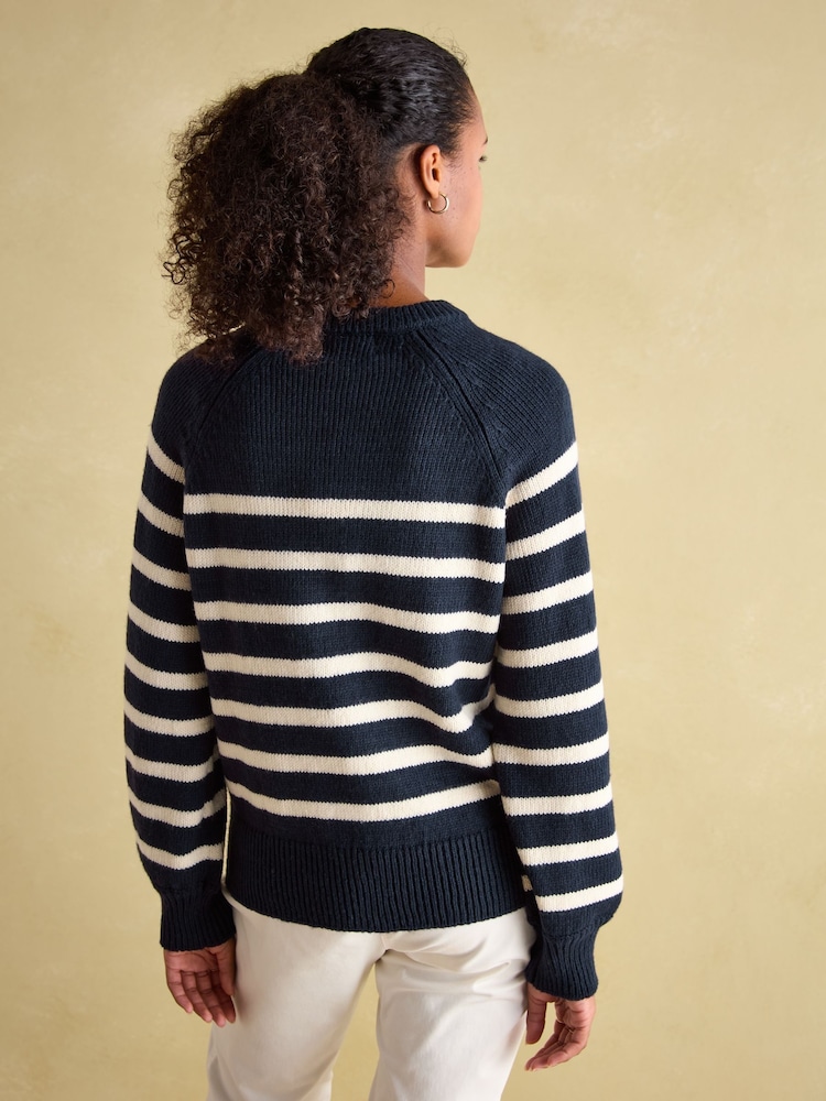 Joules Agnes Navy Striped Button Neck Jumper - Image 2 of 8