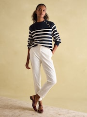 Joules Agnes Navy Striped Button Neck Jumper - Image 4 of 8