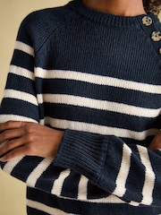 Joules Agnes Navy Striped Button Neck Jumper - Image 7 of 8