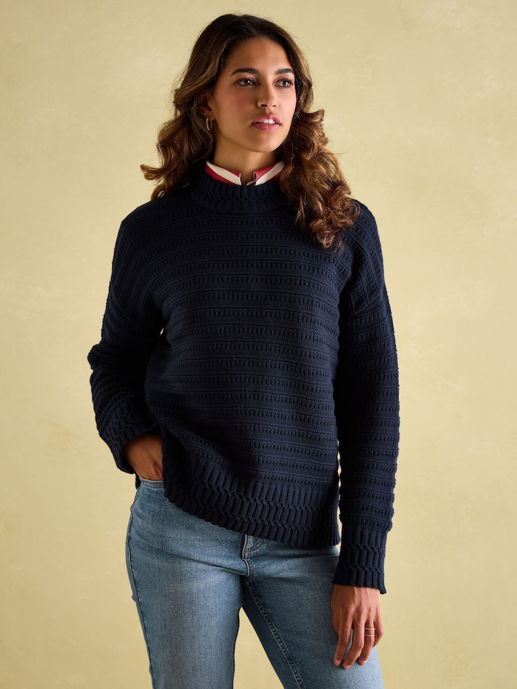 Joules Bernie Navy Blue Crew Neck Textured Jumper Contains Merino Wool - Image 1 of 6