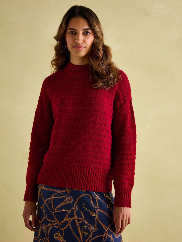 Joules Bernie Red Crew Neck Textured Jumper Contains Merino Wool - Image 1 of 6