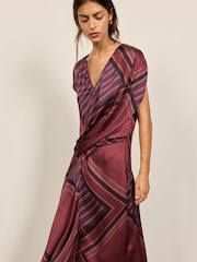 BHOEM Burgundy Red Draped V-Neck Geometric Print Midi Sleeveless Dress - Image 1 of 6