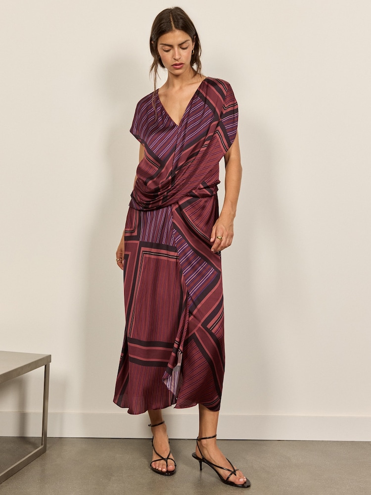 BHOEM Burgundy Red Draped V-Neck Geometric Print Midi Sleeveless Dress - Image 1 of 6 BHOEM Burgundy Red Draped V-Neck Geometric Print Midi Sleeveless Dress - Image 1 of 6