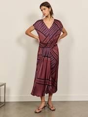 BHOEM Burgundy Red Draped V-Neck Geometric Print Midi Sleeveless Dress - Image 4 of 6