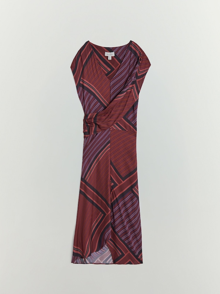 BHOEM Burgundy Red Draped V-Neck Geometric Print Midi Sleeveless Dress - Image 6 of 6 BHOEM Burgundy Red Draped V-Neck Geometric Print Midi Sleeveless Dress - Image 6 of 6