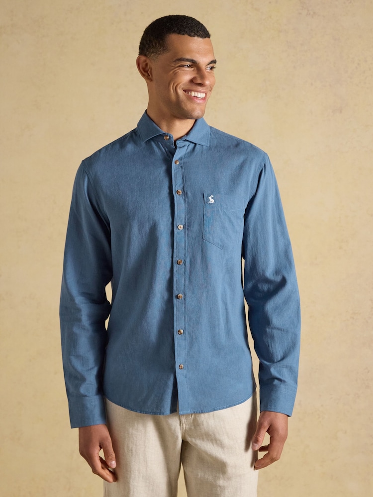Joules Blue Linen Blend Long Sleeve Shirt - Image 1 of 4 Joules Blue Linen Blend Long Sleeve Shirt - Image 1 of 4