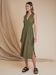 Threadbare Green Linen Blend Ruched Waist Midi Dress - Image 1 of 4