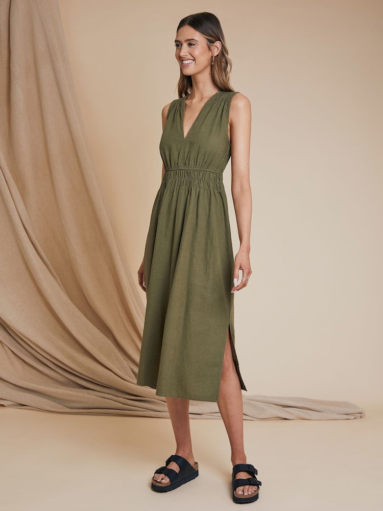 Threadbare Green Linen Blend Ruched Waist Midi Dress - Image 1 of 4