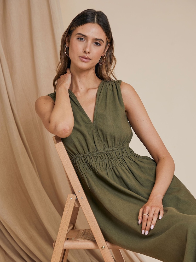 Threadbare Green Linen Blend Ruched Waist Midi Dress - Image 2 of 4