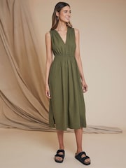 Threadbare Green Linen Blend Ruched Waist Midi Dress - Image 3 of 4