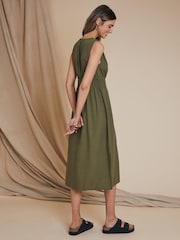 Threadbare Green Linen Blend Ruched Waist Midi Dress - Image 4 of 4