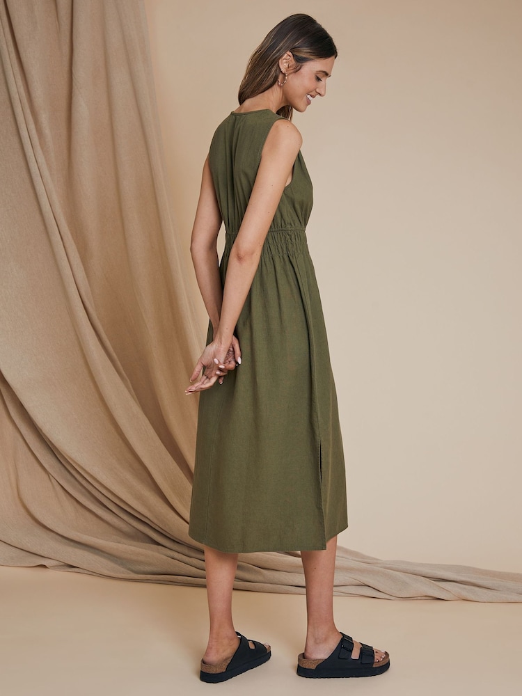 Threadbare Green Linen Blend Ruched Waist Midi Dress - Image 4 of 4
