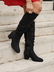 Linzi Black Margot Faux Suede Square Toe Block Heel Knee High Boots - Image 1 of 5
