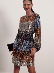 Purple Ombre Long Sleeve Belted Sequin Mini Dress - Image 1 of 6