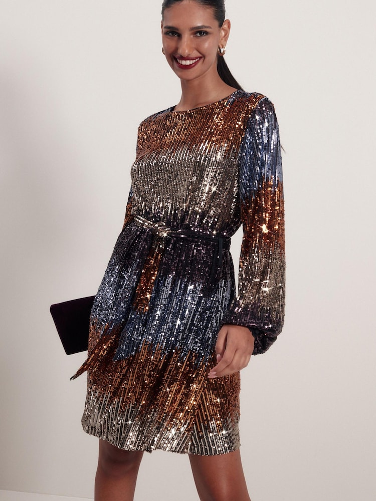 Purple Ombre Long Sleeve Belted Sequin Mini Dress - Image 1 of 6