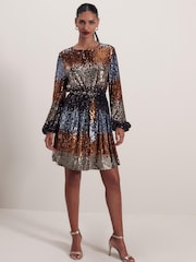 Purple Ombre Long Sleeve Belted Sequin Mini Dress - Image 2 of 6