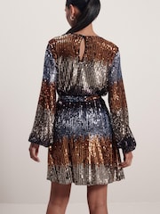Purple Ombre Long Sleeve Belted Sequin Mini Dress - Image 3 of 6