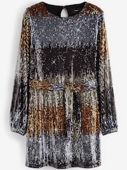 Purple Ombre Long Sleeve Belted Sequin Mini Dress - Image 5 of 6