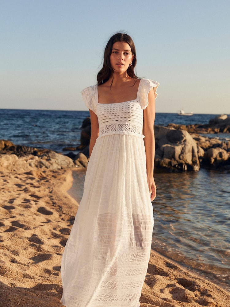 Ecru White Crochet Flute Sleeve Dress - Image 1 of 6