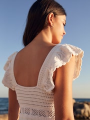 Ecru White Crochet Flute Sleeve Dress - Image 3 of 6