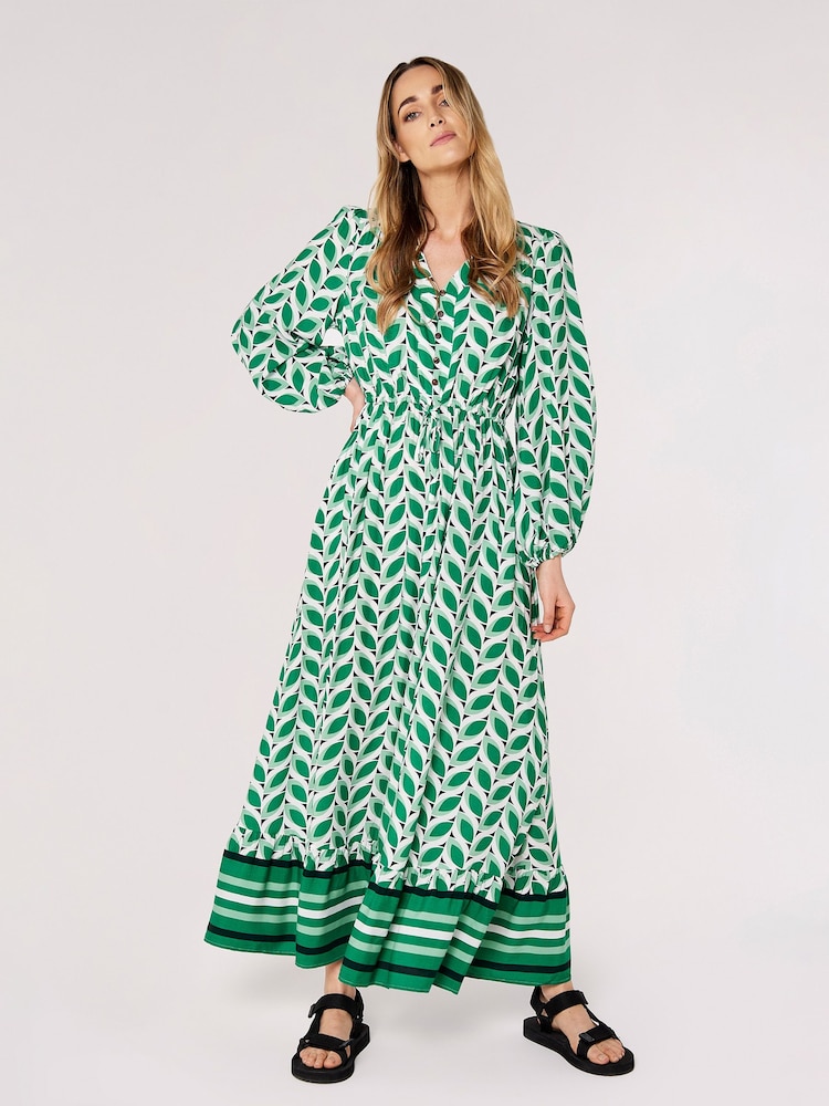 Apricot Green & White Geo Leaves Border Wrap Dress - Image 1 of 5