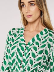 Apricot Green & White Geo Leaves Border Wrap Dress - Image 2 of 5
