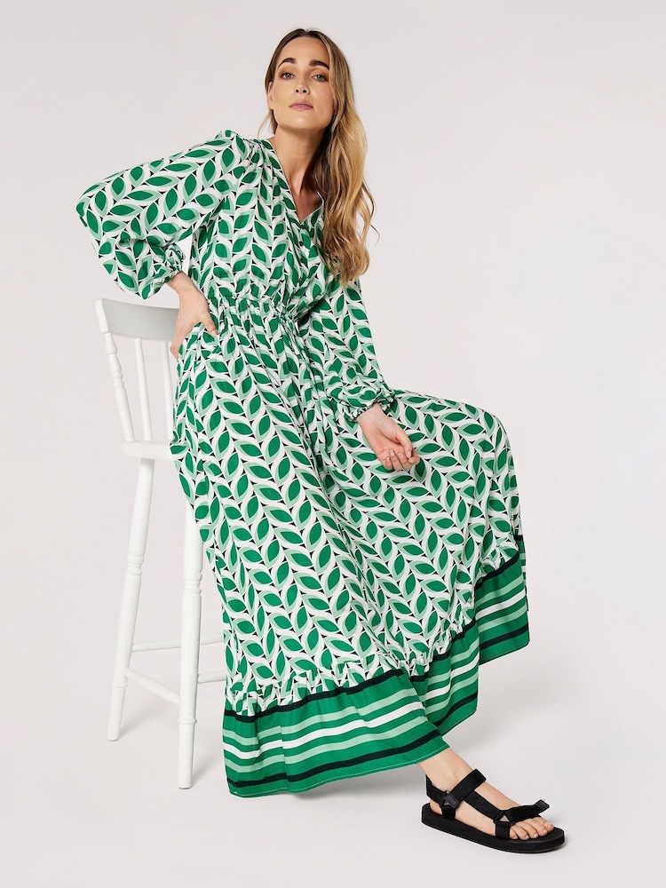 Apricot Green & White Geo Leaves Border Wrap Dress - Image 5 of 5