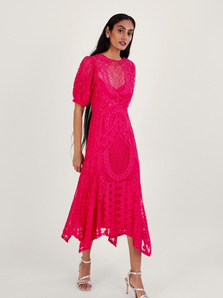 Monsoon Pink Embeth Lace Hanky Hem Dress - Image 1 of 4