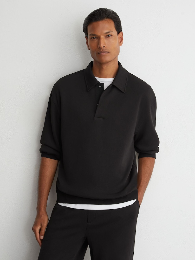 Reiss Black Brooks Premium Interlock Relaxed Polo Sweatshirt - Image 1 of 6 Reiss Black Brooks Premium Interlock Relaxed Polo Sweatshirt - Image 1 of 6