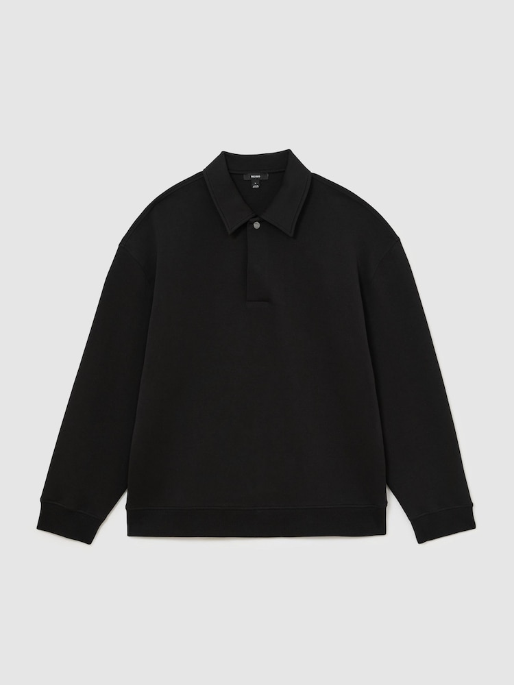 Reiss Black Brooks Premium Interlock Relaxed Polo Sweatshirt - Image 2 of 6 Reiss Black Brooks Premium Interlock Relaxed Polo Sweatshirt - Image 2 of 6